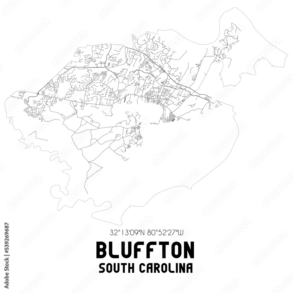 Bluffton South Carolina. US street map with black and white lines.