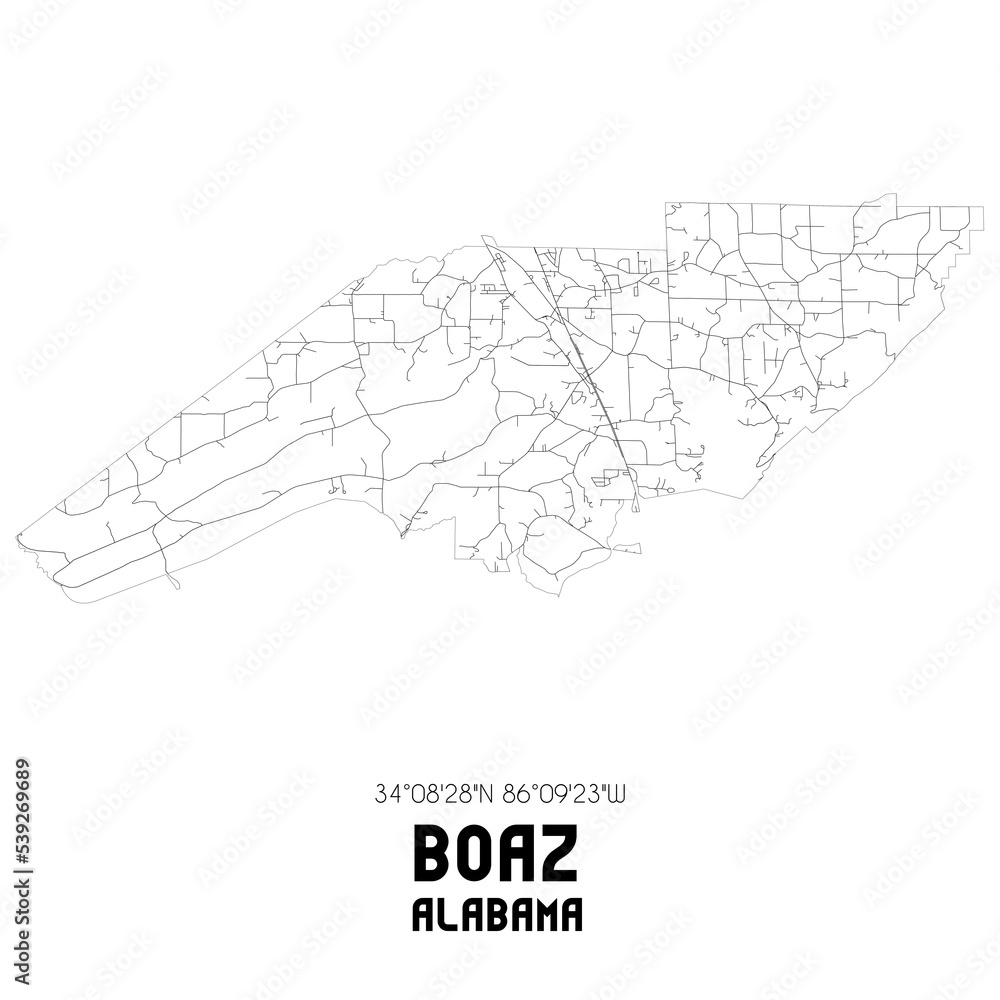 Boaz Alabama. US street map with black and white lines.