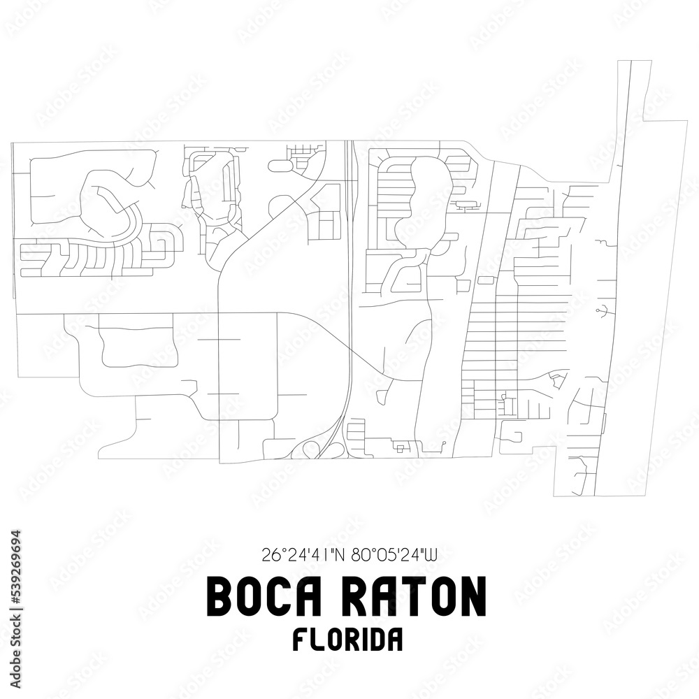 Boca Raton Florida. US street map with black and white lines.