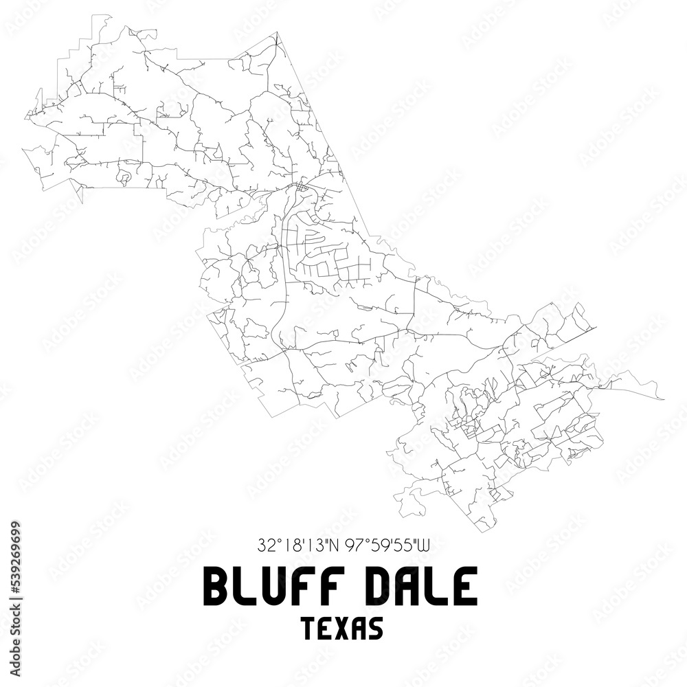 Bluff Dale Texas. US street map with black and white lines.