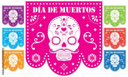 Papel picado para el día de muertos con calavera con bigote