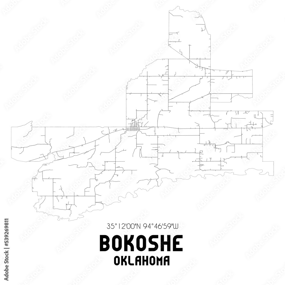 Bokoshe Oklahoma. US street map with black and white lines.