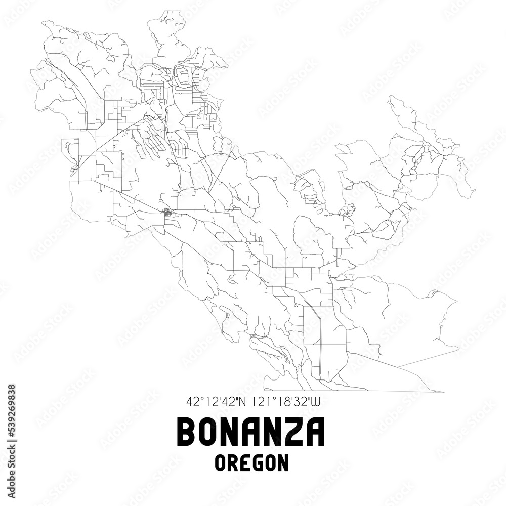 Bonanza Oregon. US street map with black and white lines.