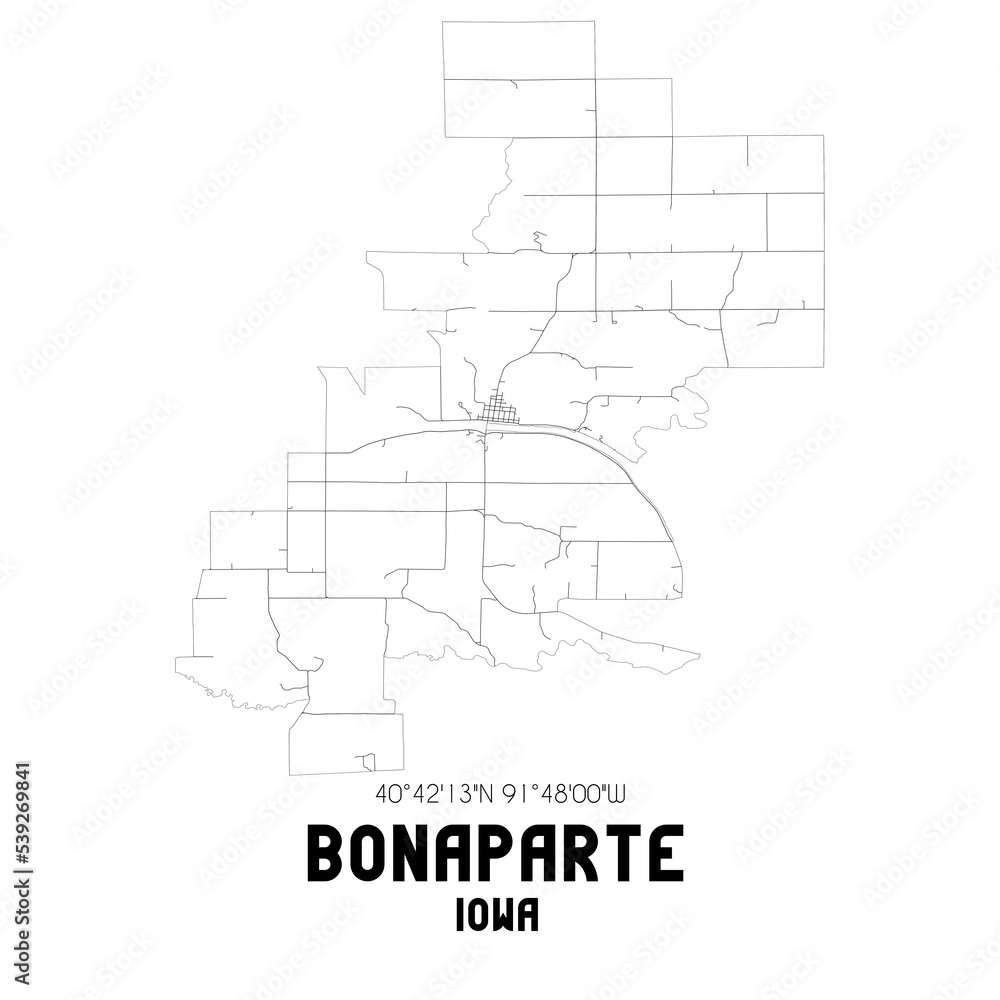 Bonaparte Iowa. US street map with black and white lines.