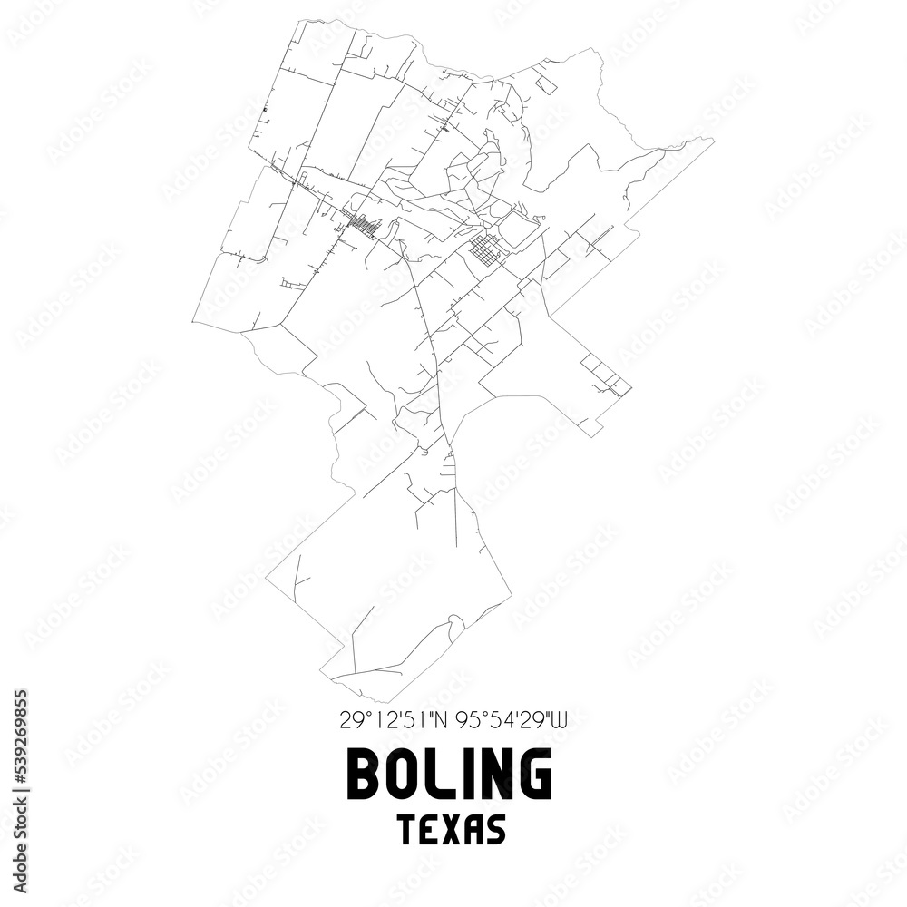 Boling Texas. US street map with black and white lines.