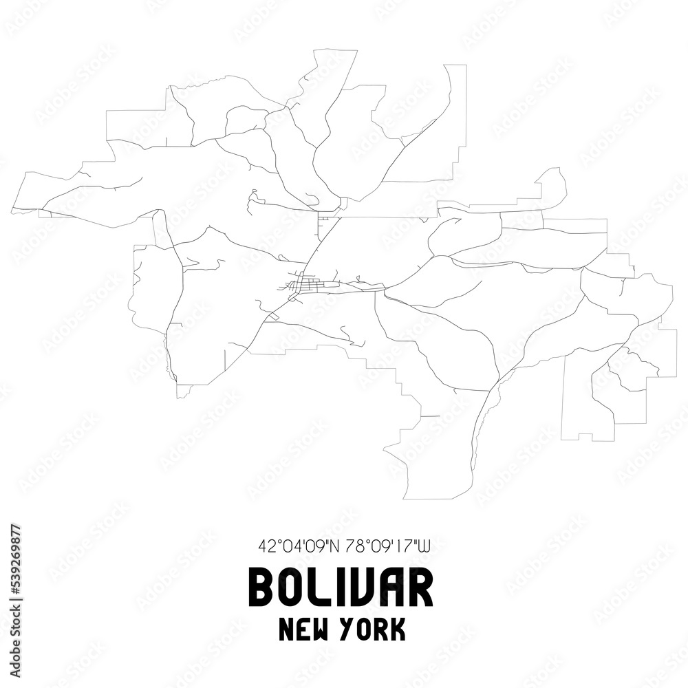 Bolivar New York. US street map with black and white lines.