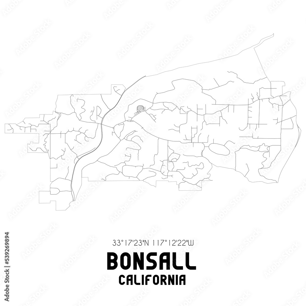 Bonsall California. US street map with black and white lines. Stock
