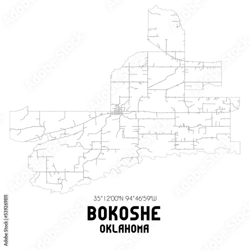 Bokoshe Oklahoma. US street map with black and white lines.