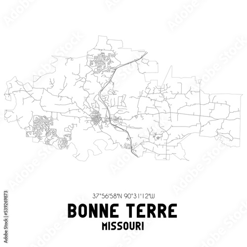 Bonne Terre Missouri. US street map with black and white lines.