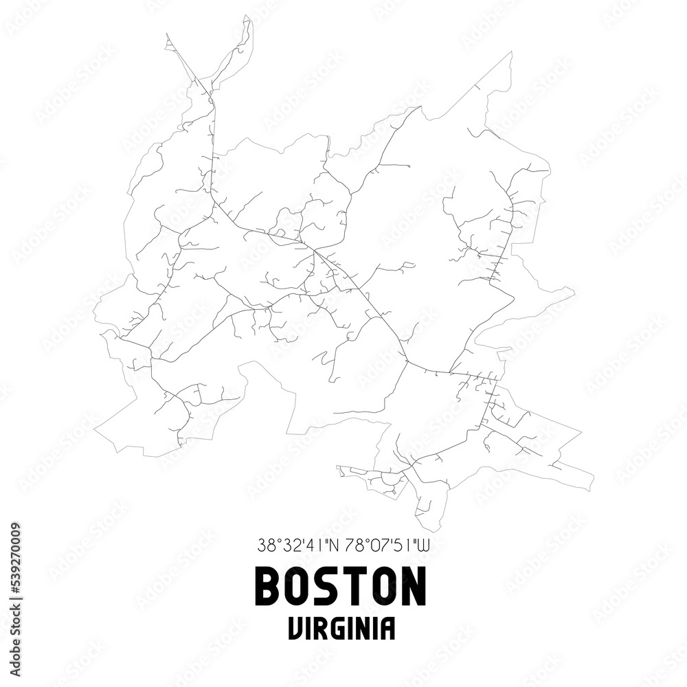 Boston Virginia. US street map with black and white lines.