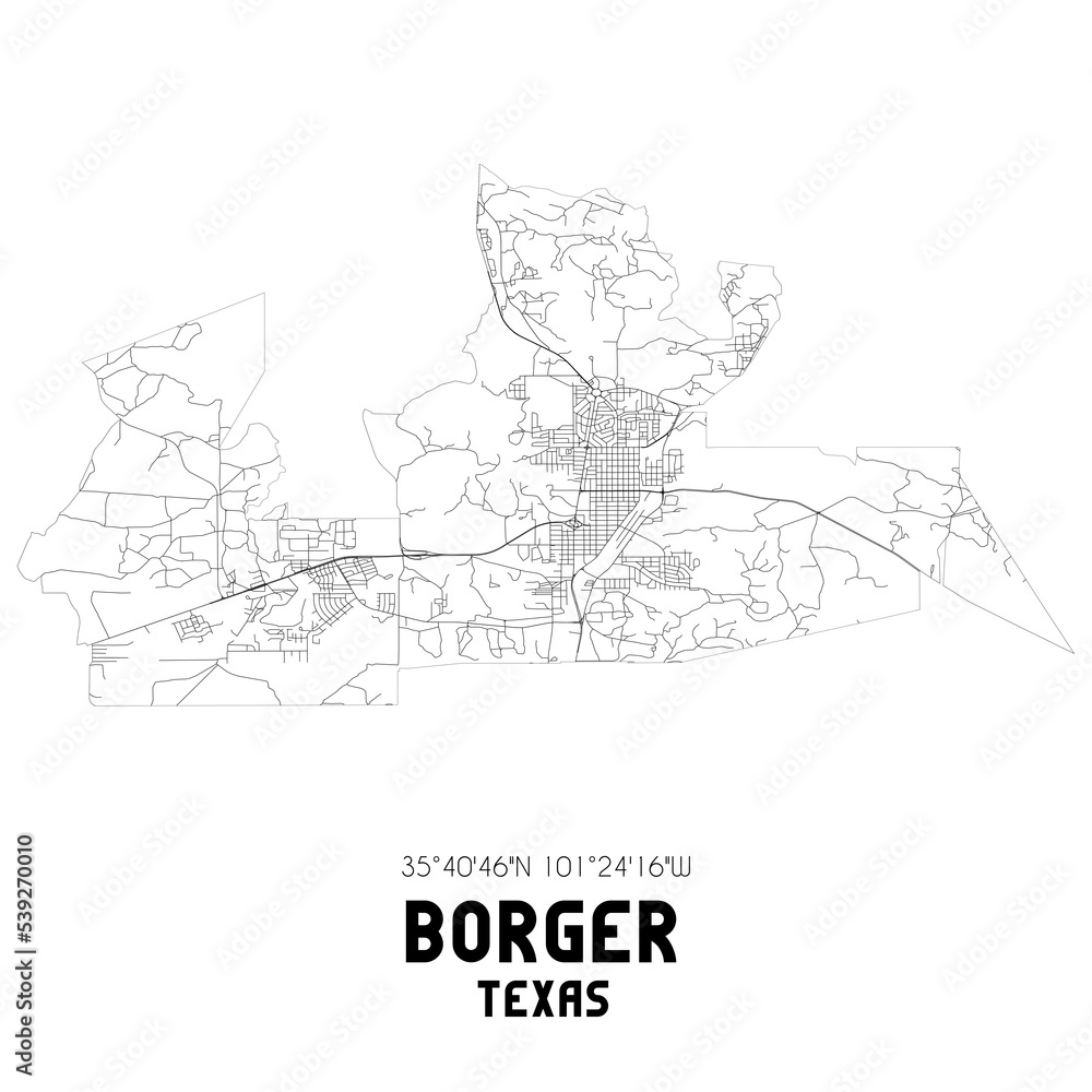 Borger Texas. US street map with black and white lines.