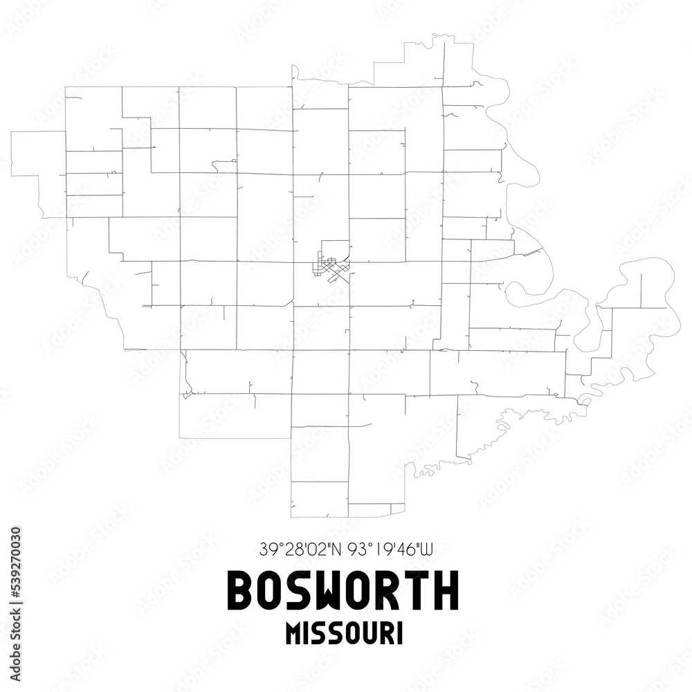 Bosworth Missouri. US street map with black and white lines.