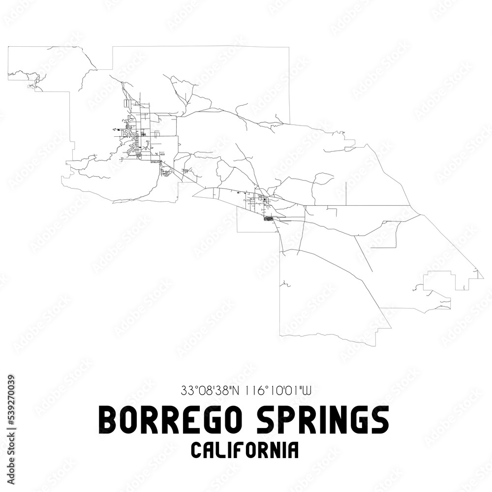 Borrego Springs California. US street map with black and white lines.