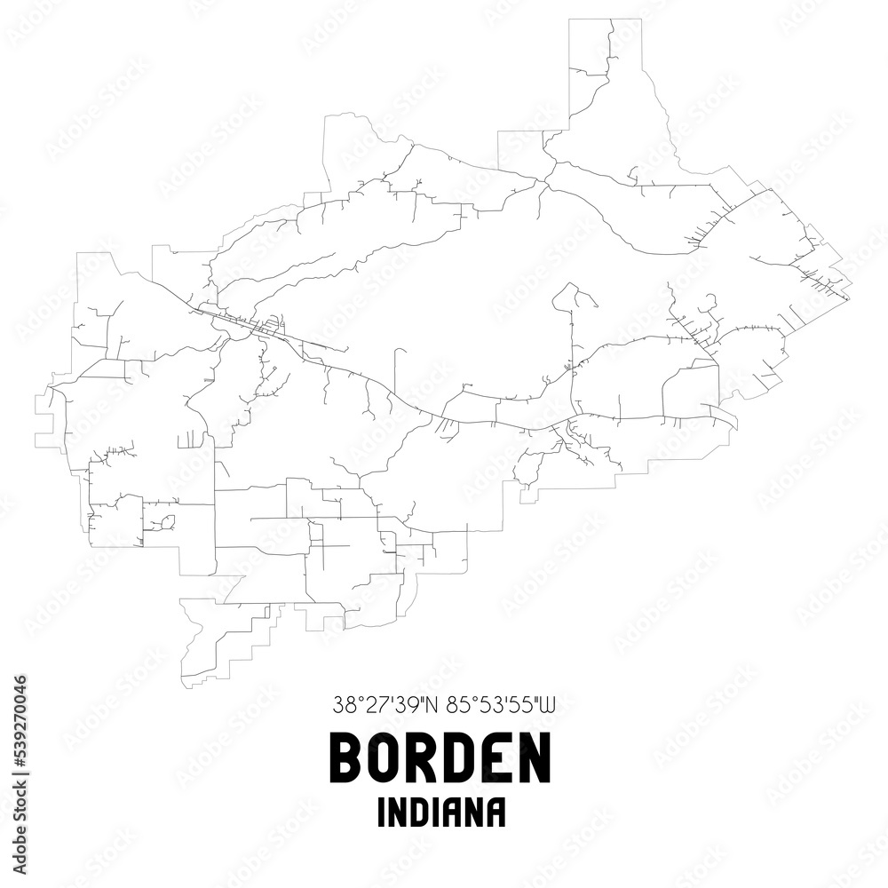 Borden Indiana. US street map with black and white lines.