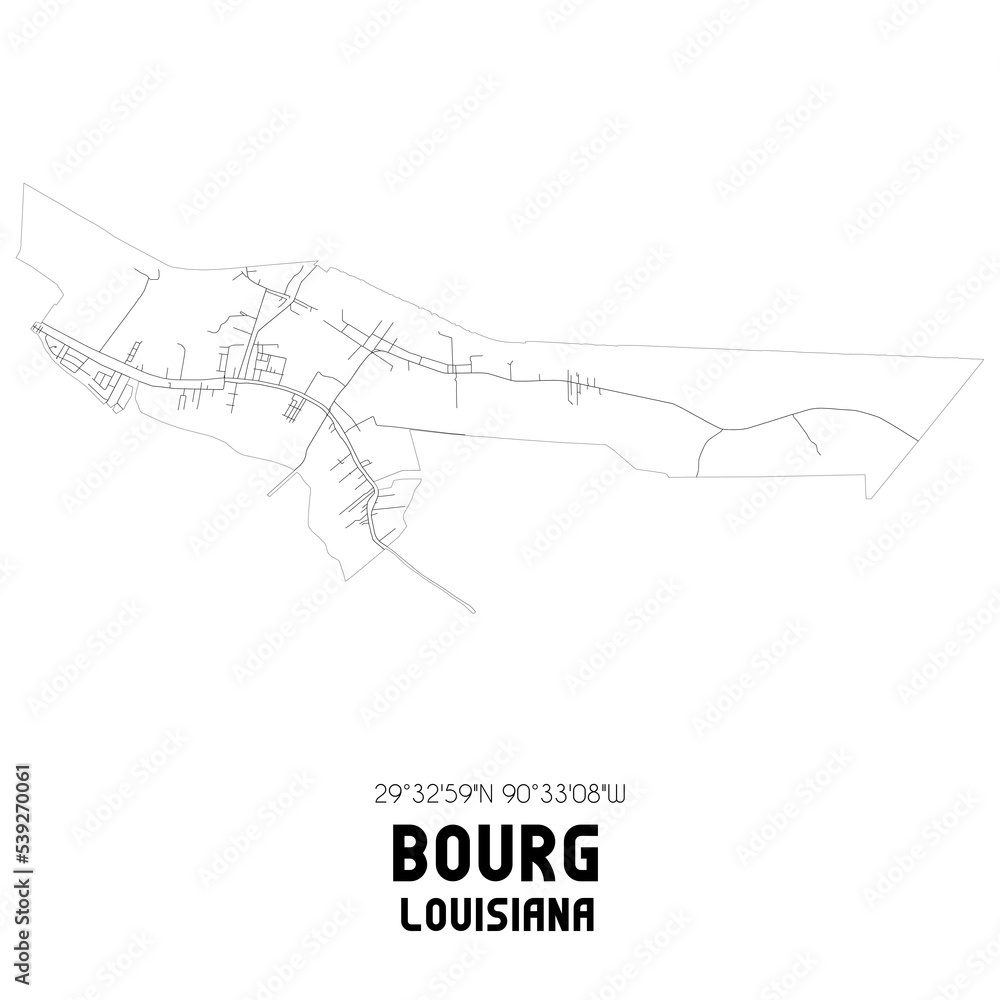Bourg Louisiana. US street map with black and white lines.
