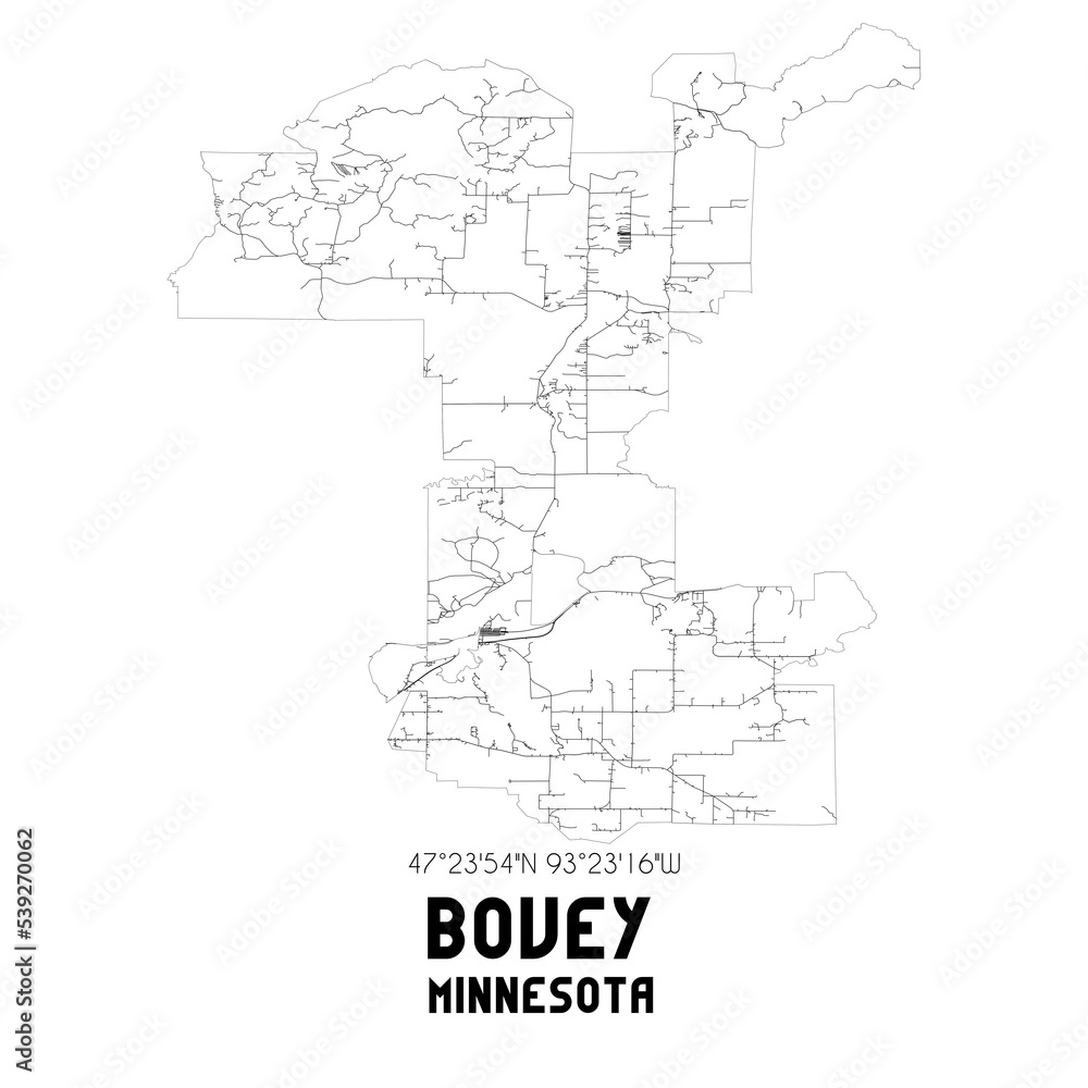 Bovey Minnesota. US street map with black and white lines.