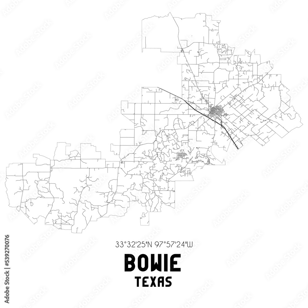 Bowie Texas. US street map with black and white lines.