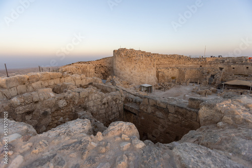 Mount Herodion and the ruins of the fortress of King Herod inside an artificial crater. The Judaean Desert, West Bank. High quality photo