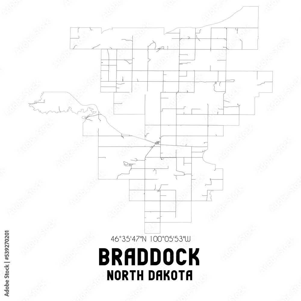 Braddock North Dakota. US street map with black and white lines.
