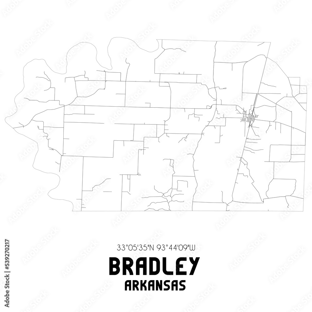 Bradley Arkansas. US street map with black and white lines.