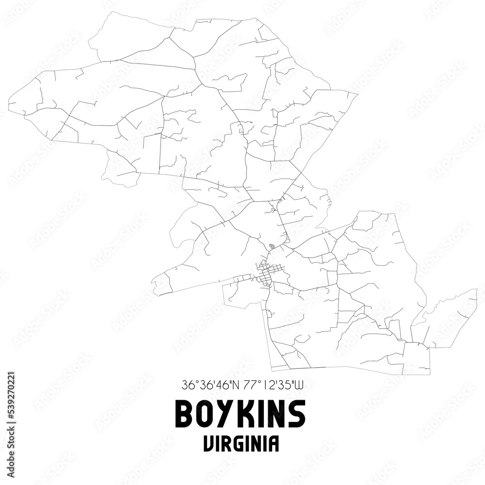 Boykins Virginia. US street map with black and white lines.
