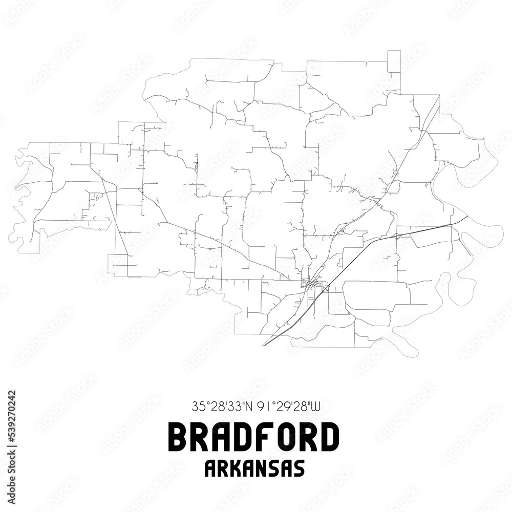 Bradford Arkansas. US street map with black and white lines.