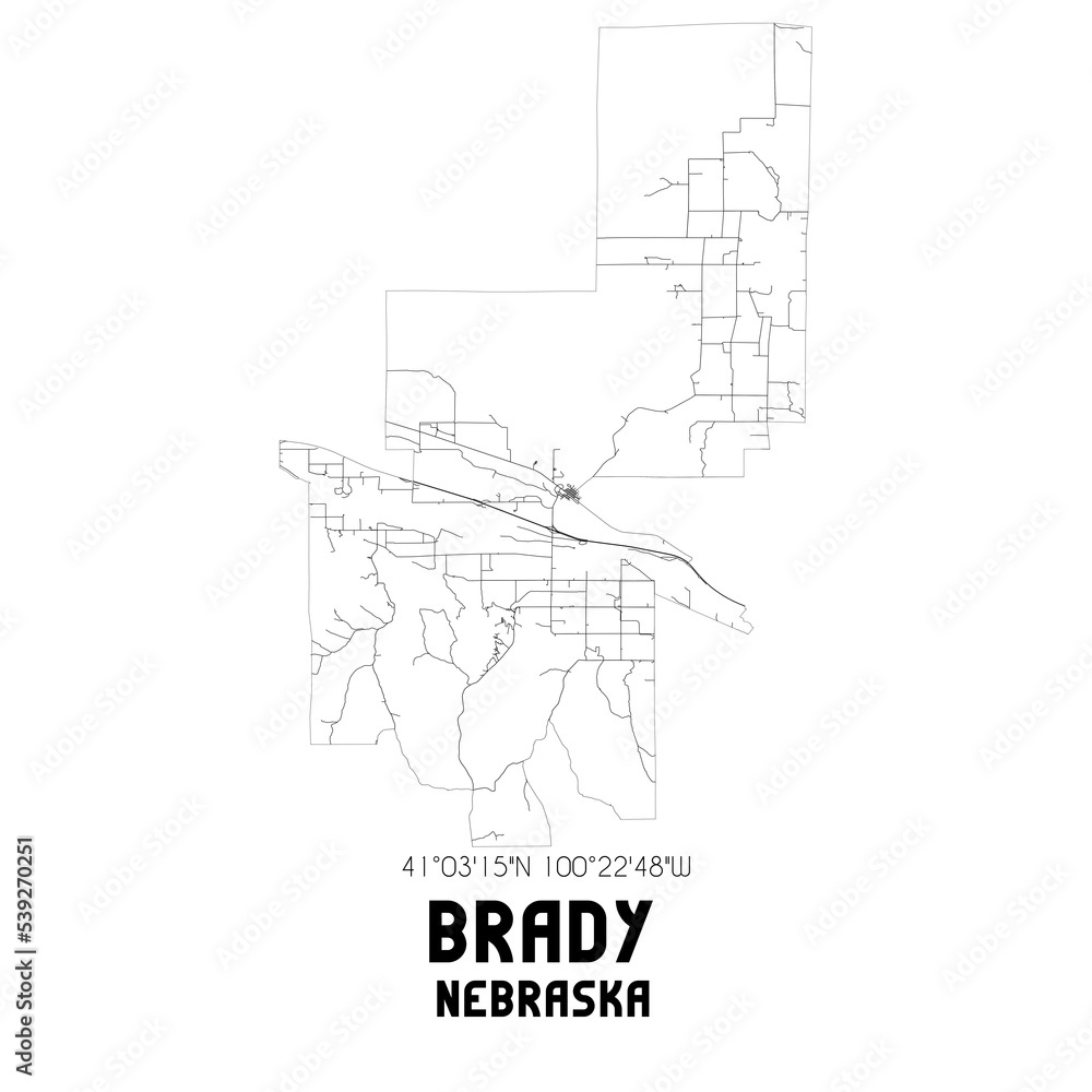 Brady Nebraska. US street map with black and white lines.