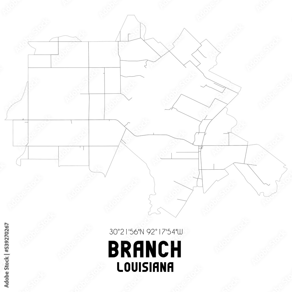 Branch Louisiana. US street map with black and white lines.