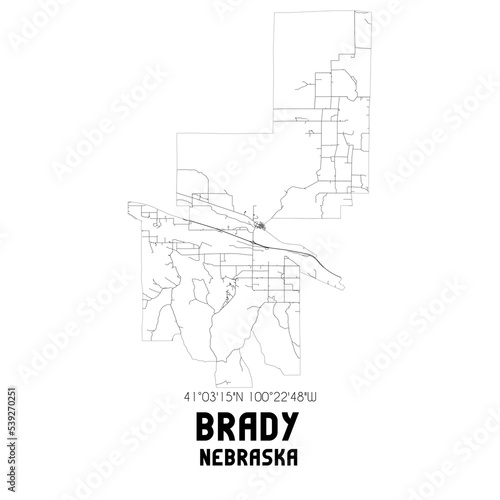 Brady Nebraska. US street map with black and white lines.