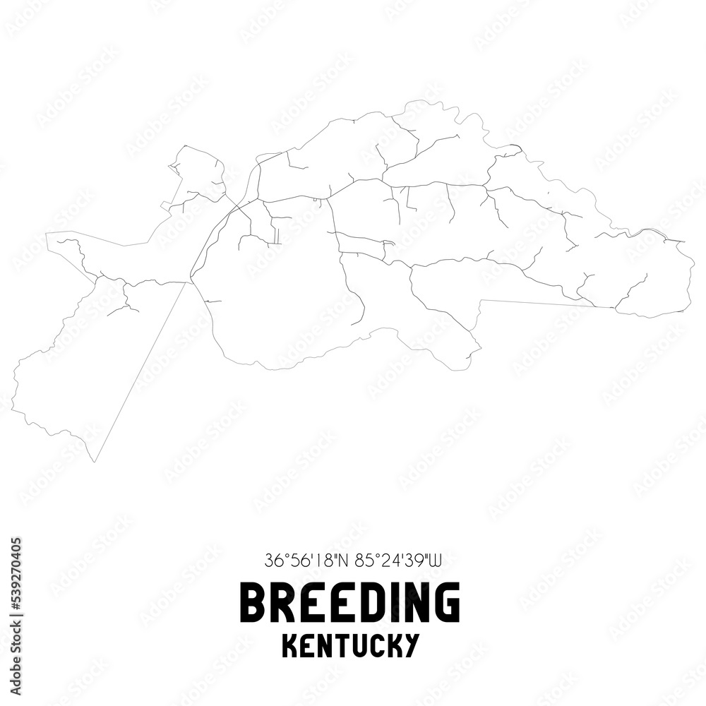 Breeding Kentucky. US street map with black and white lines.