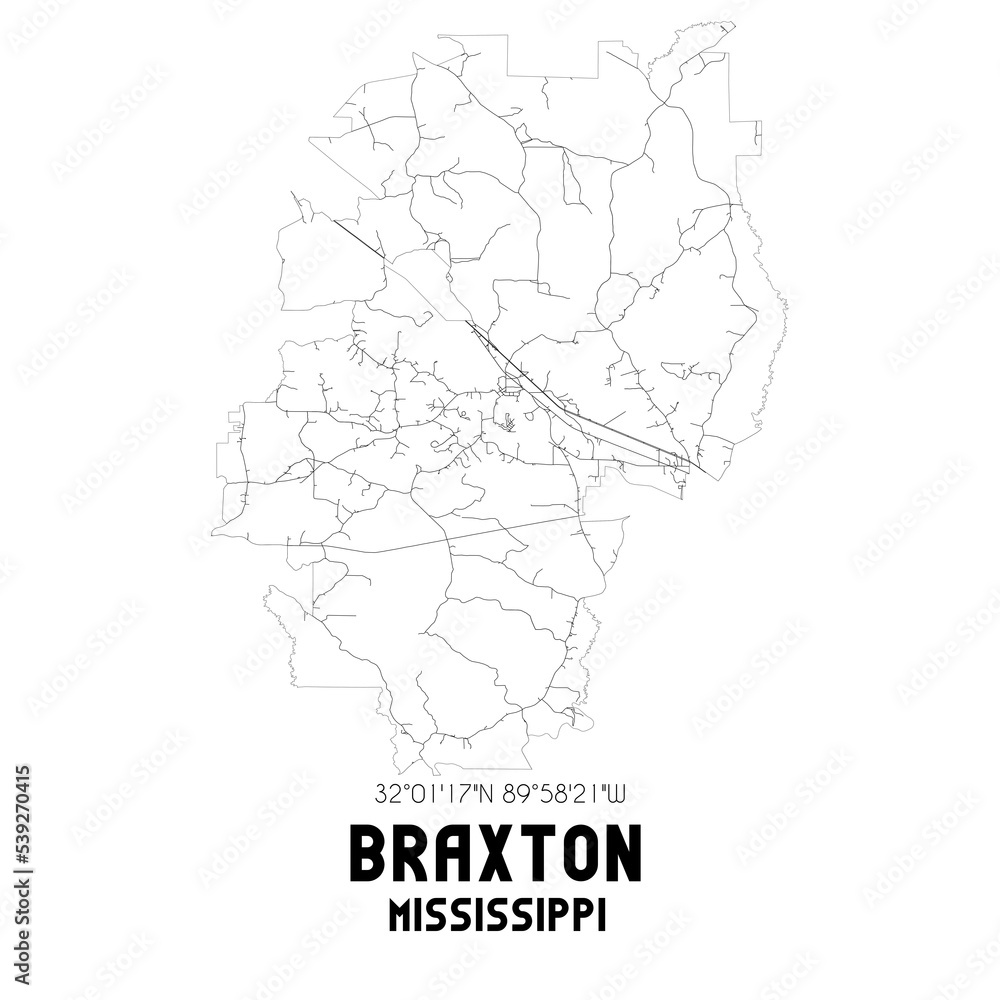 Braxton Mississippi. US street map with black and white lines. Braxton Mississippi. US street map with black and white lines.