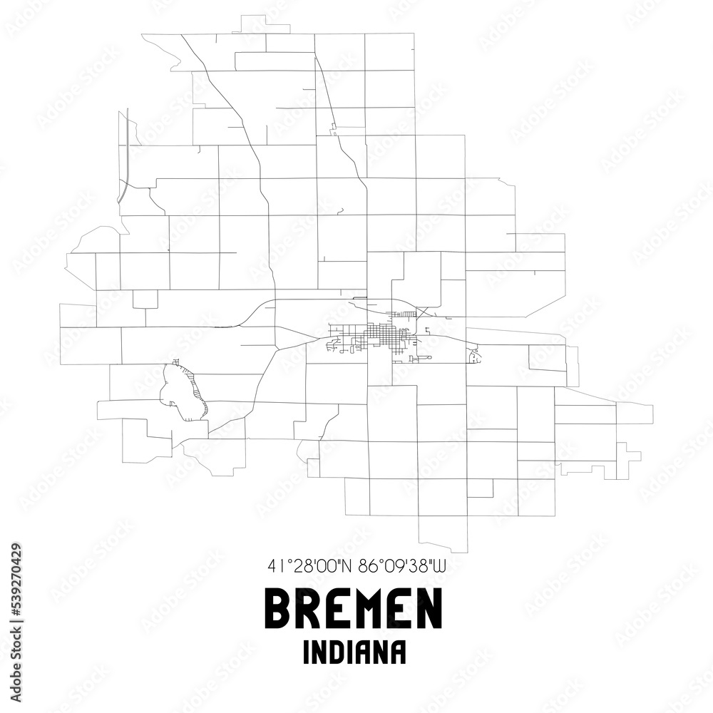 Bremen Indiana. US street map with black and white lines. Stock