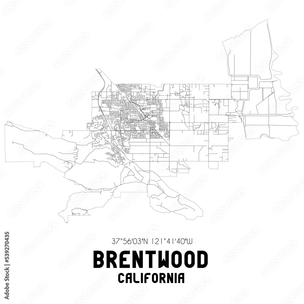 Brentwood California. US street map with black and white lines.
