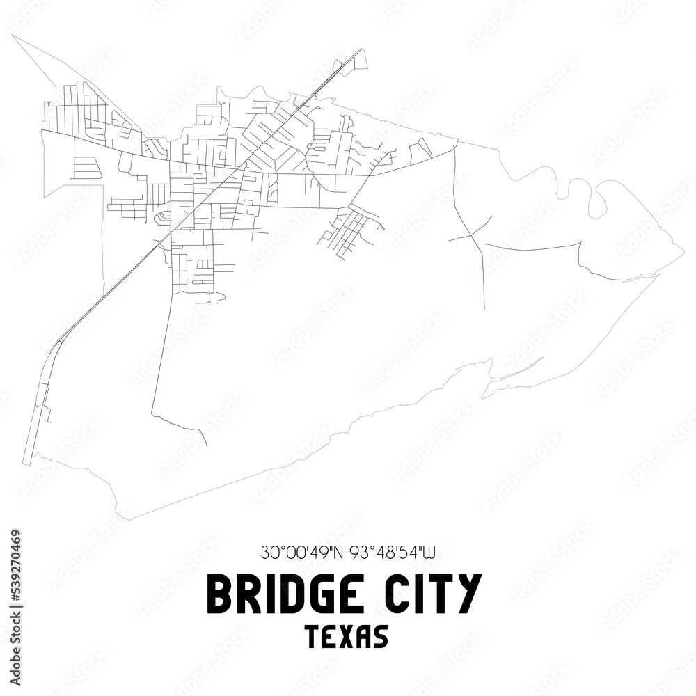 Bridge City Texas. US street map with black and white lines.