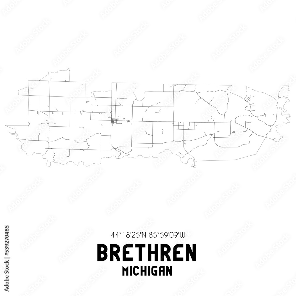 Brethren Michigan. US street map with black and white lines.