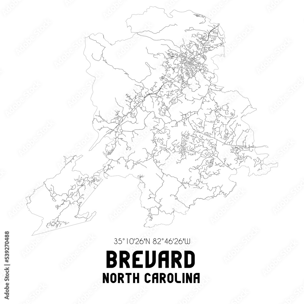 Brevard North Carolina. US street map with black and white lines.