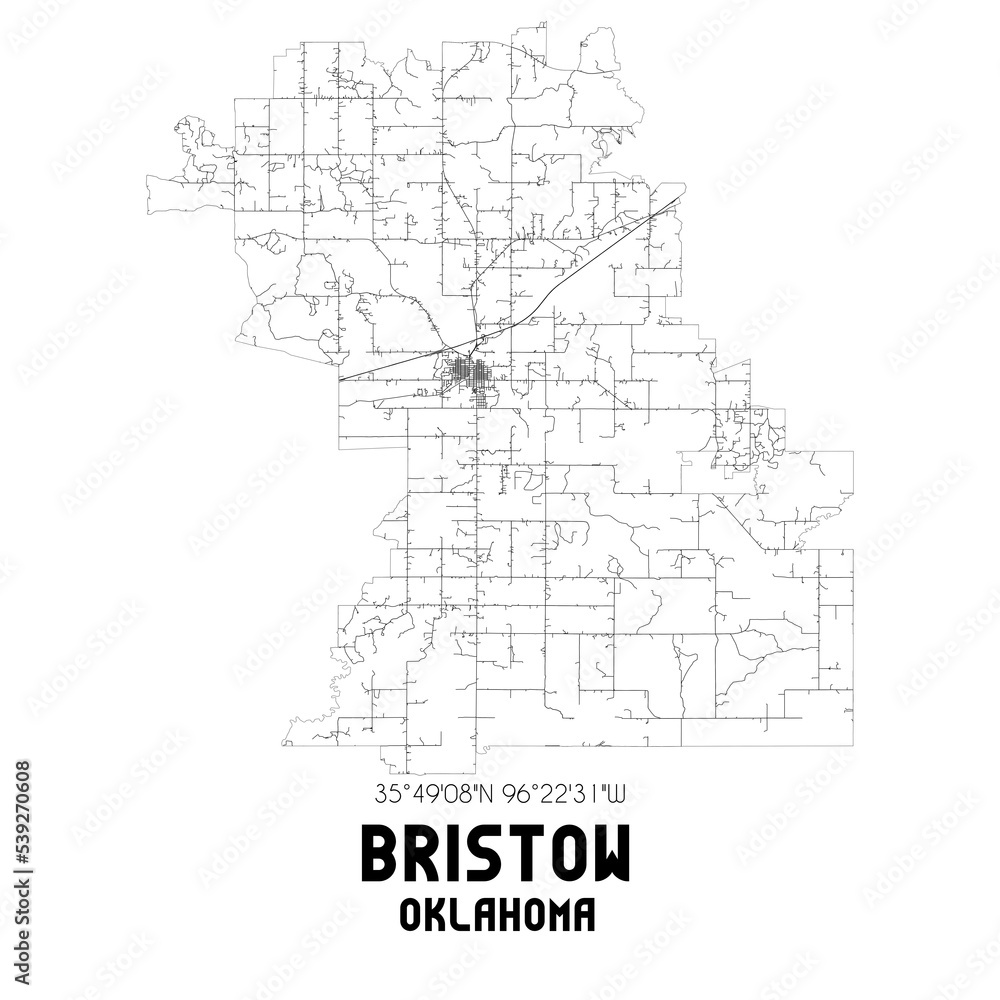 Bristow Oklahoma. US street map with black and white lines.