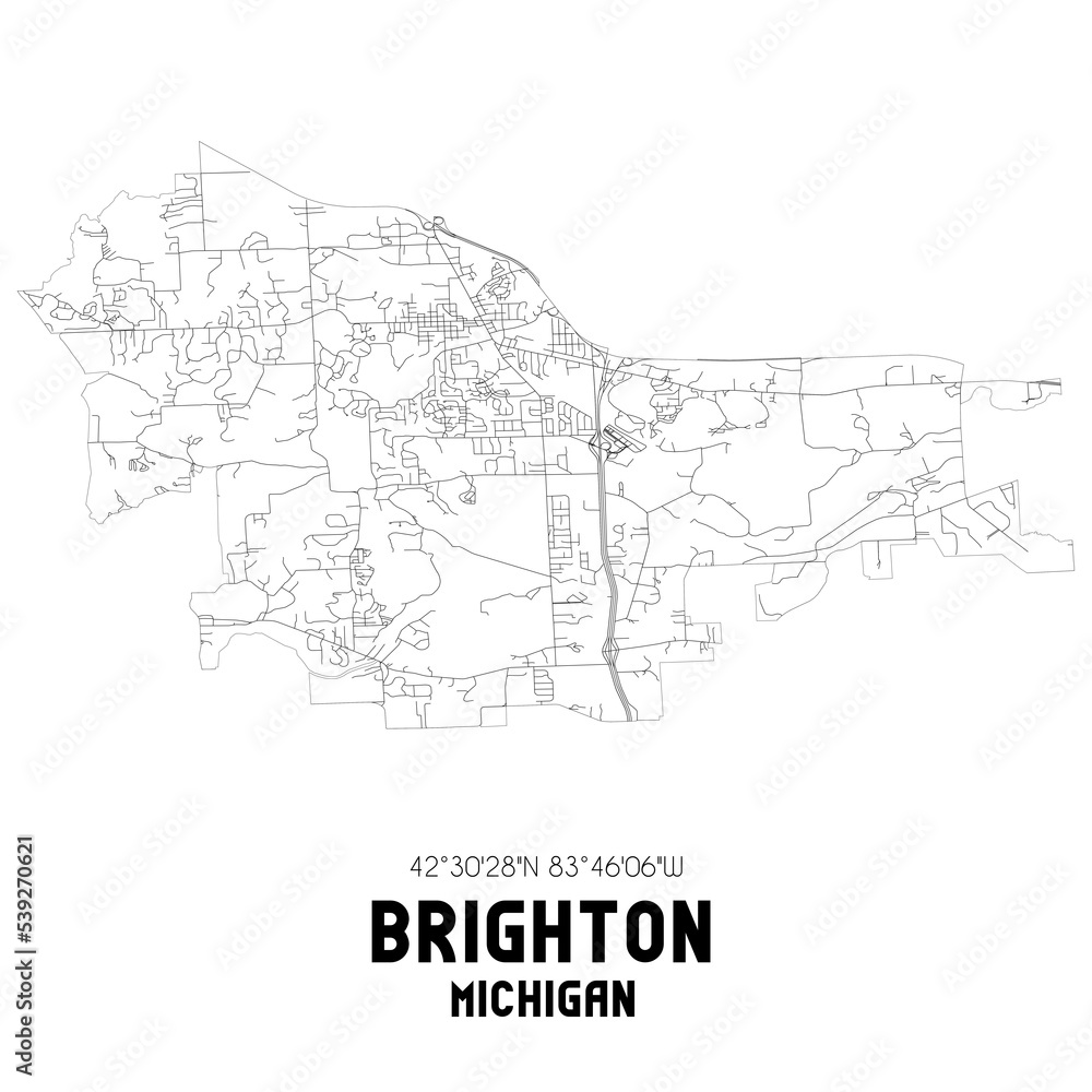 Brighton Michigan. US street map with black and white lines.