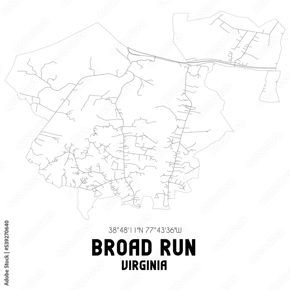 Broad Run Virginia. US street map with black and white lines.