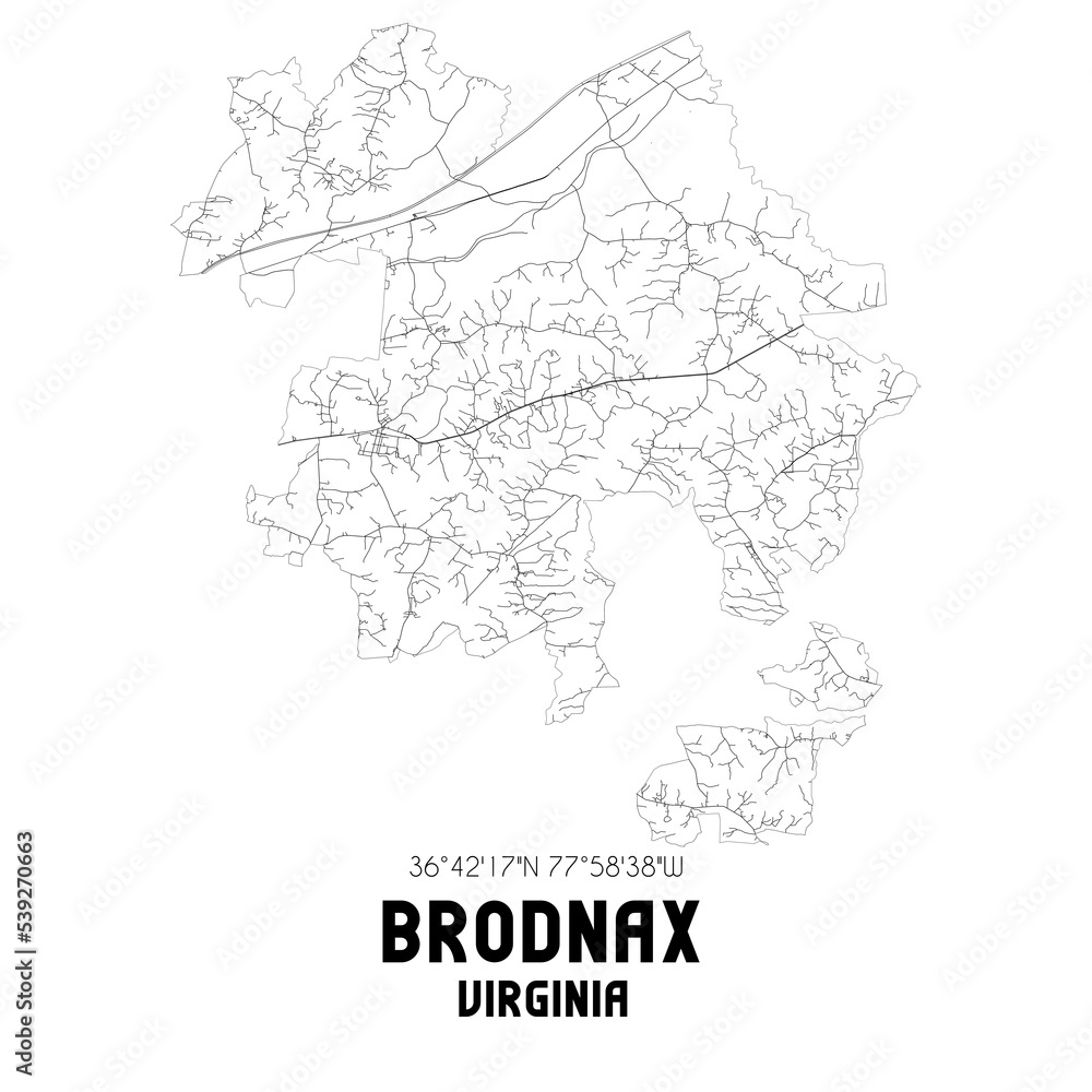 Brodnax Virginia. US street map with black and white lines.