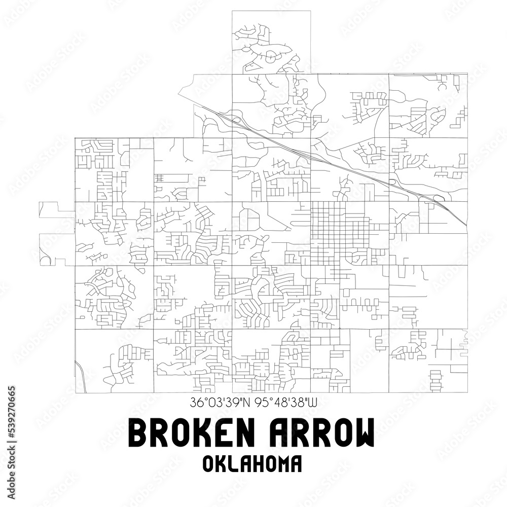 Broken Arrow Oklahoma. US street map with black and white lines.
