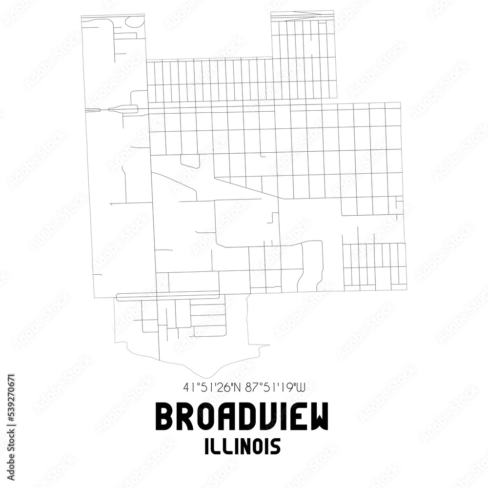 Broadview Illinois. US street map with black and white lines.