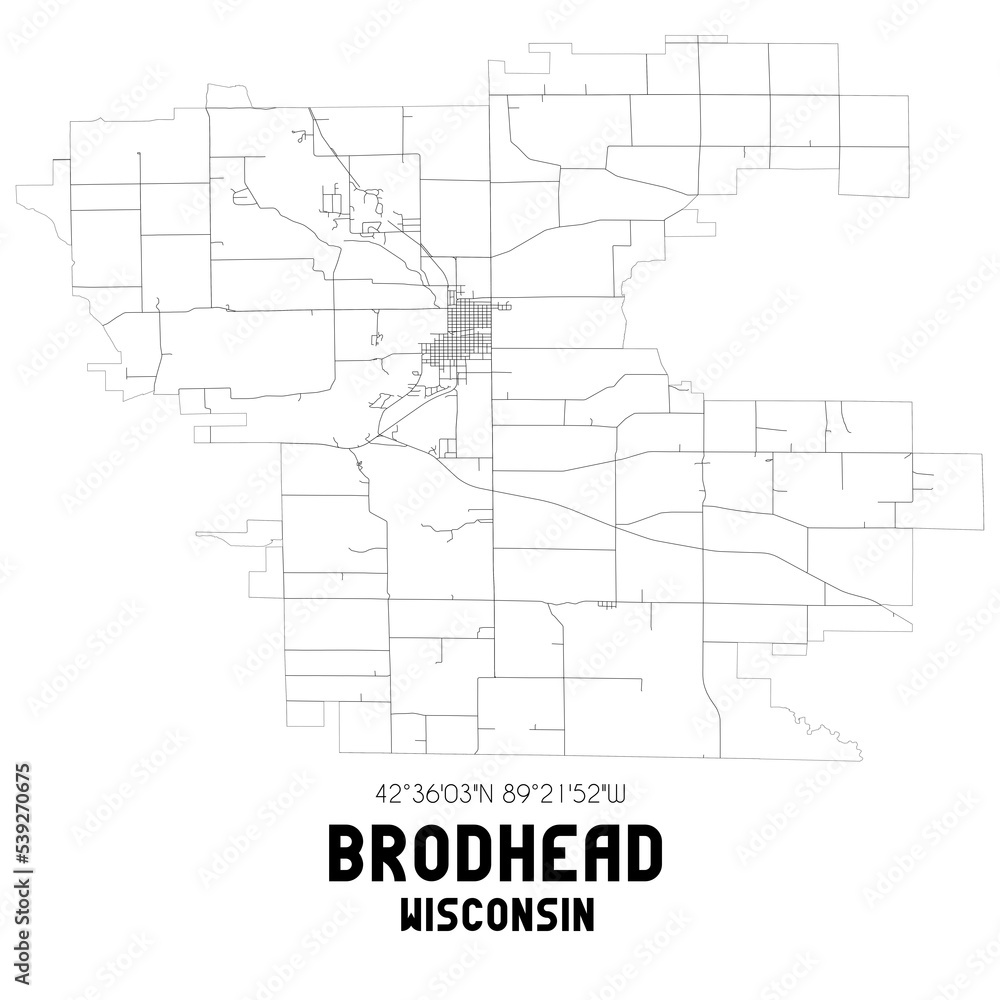 Brodhead Wisconsin. US street map with black and white lines.
