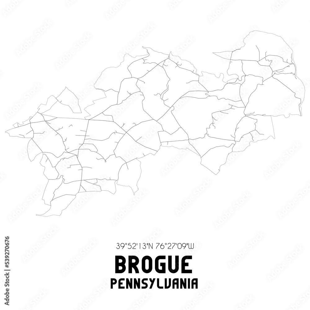 Brogue Pennsylvania. US street map with black and white lines.