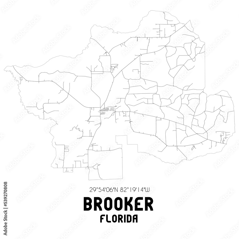 Brooker Florida. US street map with black and white lines.
