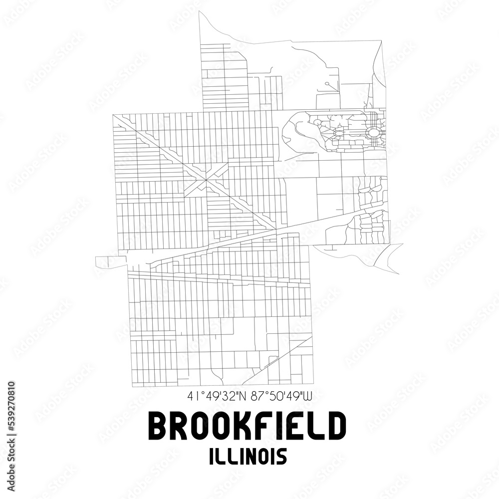 Brookfield Illinois. US street map with black and white lines.