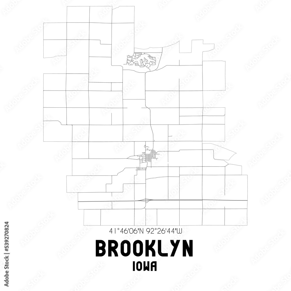 Brooklyn Iowa. US street map with black and white lines.