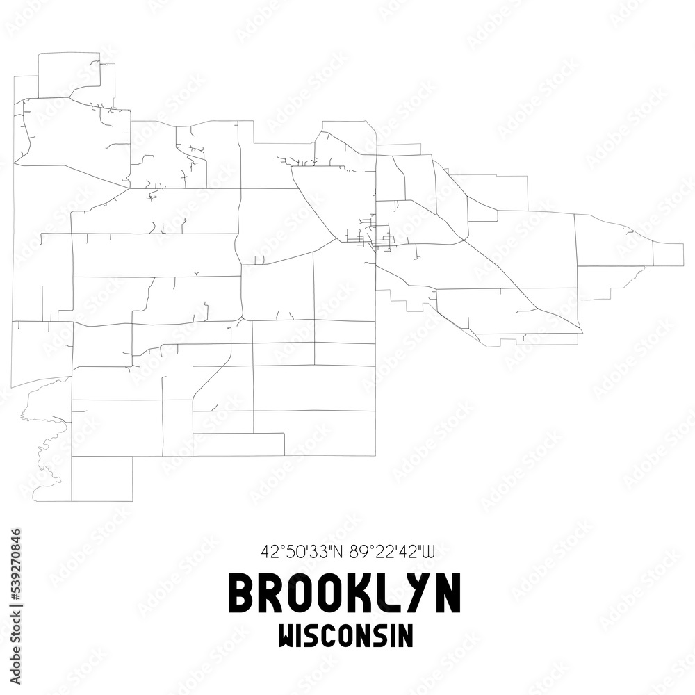 Brooklyn Wisconsin. US street map with black and white lines.