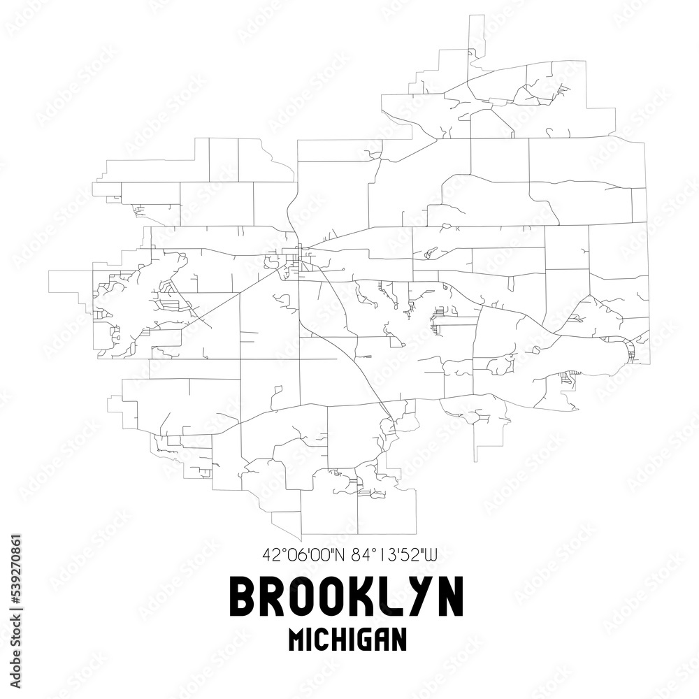 Brooklyn Michigan. US street map with black and white lines.