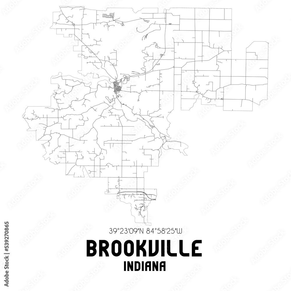 Brookville Indiana. US street map with black and white lines.